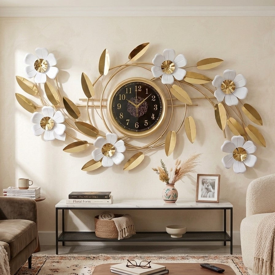 GildedFloraModern3DMetalArtWallClock by writings on the wall