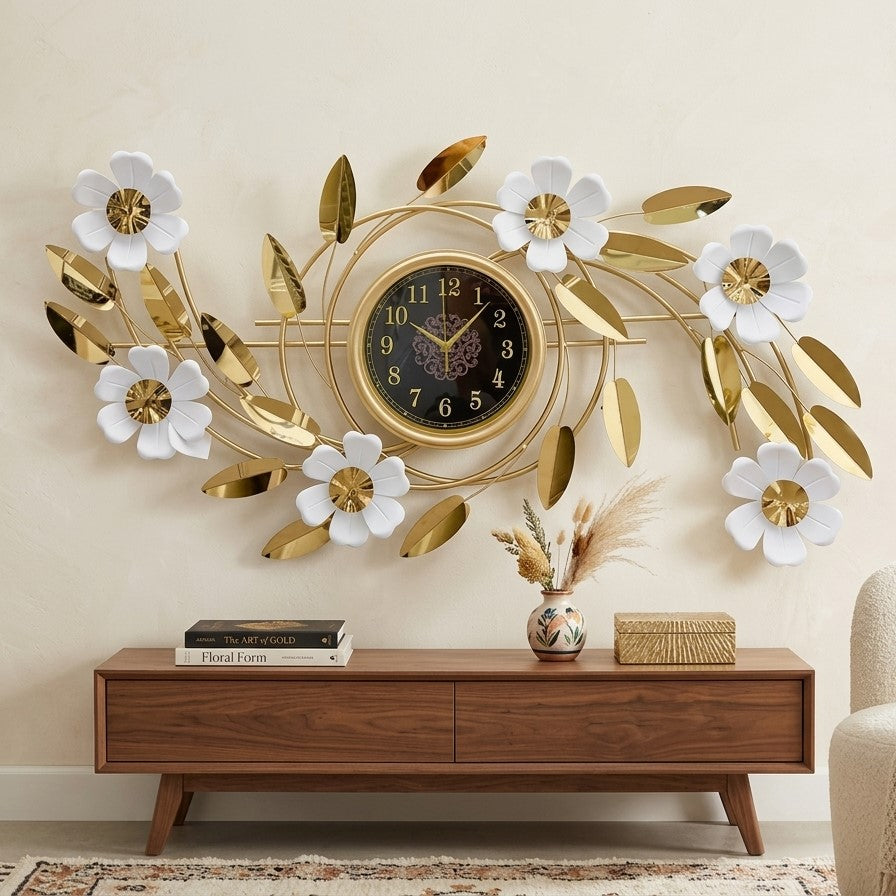 GildedFloraModern3DMetalArtWallClock by writings on the wall
