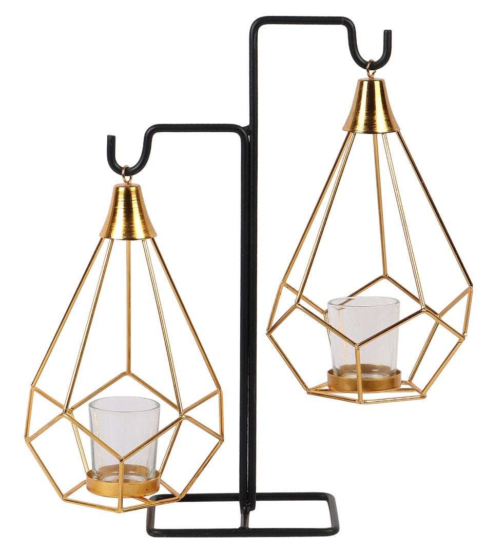 Gold & Black Double Diamond Pendulum Tealight Holder with Glass Writings On The Wall Tealight Holder