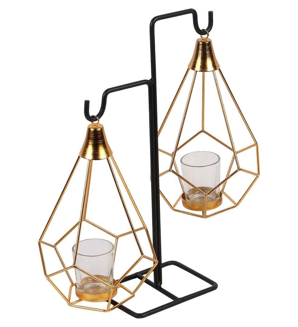 Gold & Black Double Diamond Pendulum Tealight Holder with Glass Writings On The Wall Tealight Holder