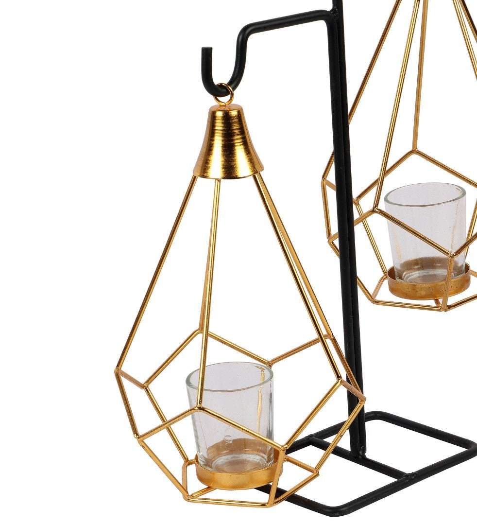 Gold & Black Double Diamond Pendulum Tealight Holder with Glass Writings On The Wall Tealight Holder