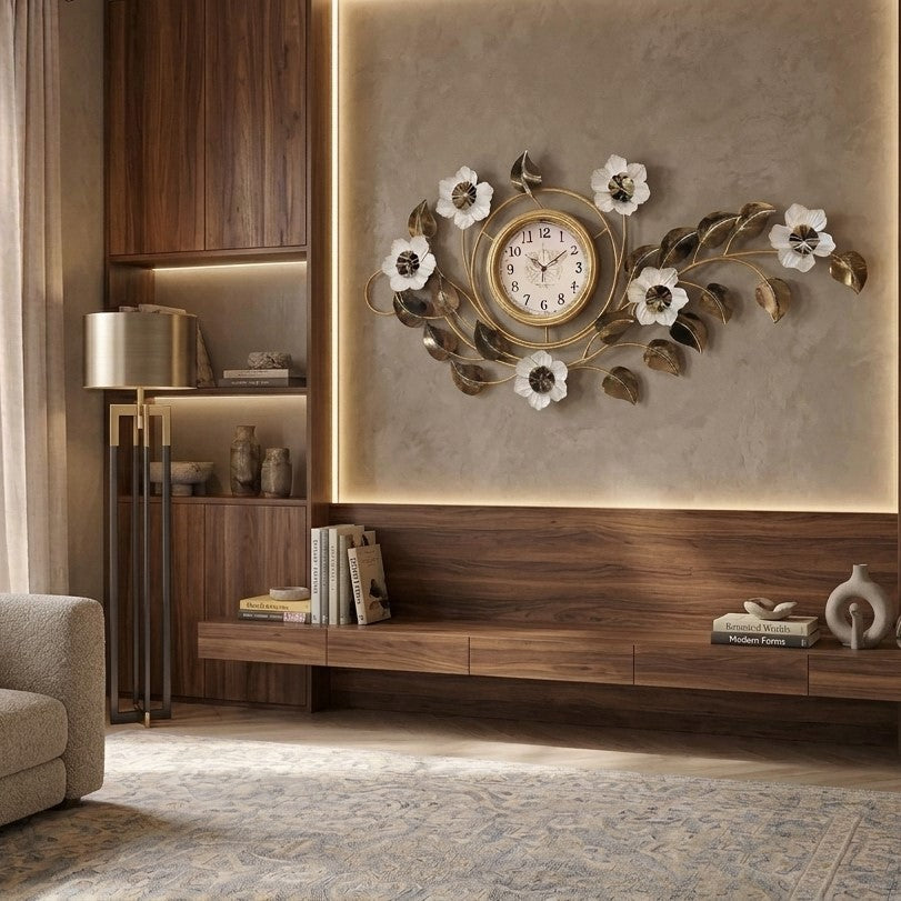 Gold and White Metal Floral Wall Clock