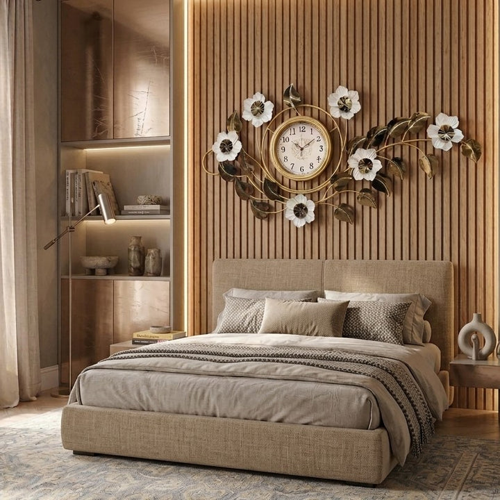 Gold and White Metal Floral Wall Clock