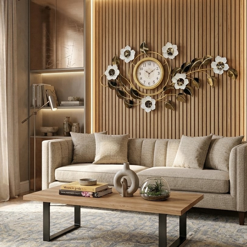 Gold and White Metal Floral Wall Clock
