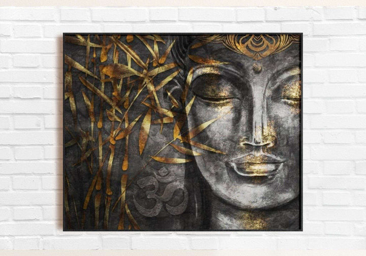 Gray and Gold Buddha Painting Writings On The Wall Canvas Print