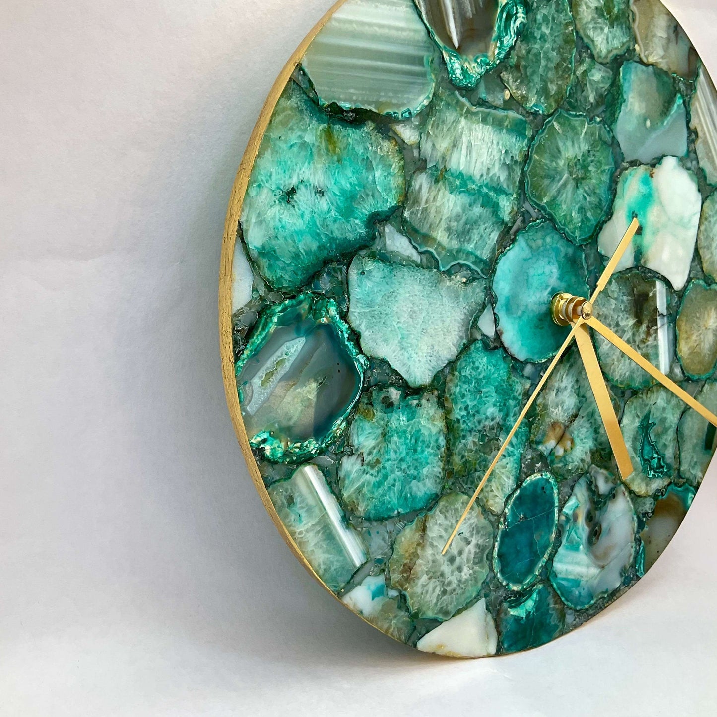 Green Agate Gemstone Round Clock with Leafing Writings On The Wall gemstone clock