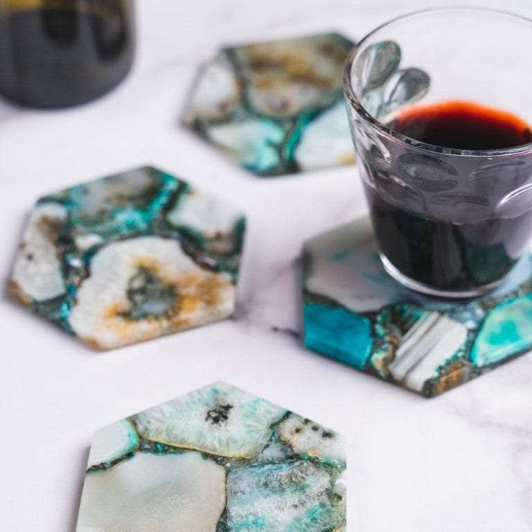 Green Agate Hexagon Coasters - Set of 4 Writings On The Wall Coasters