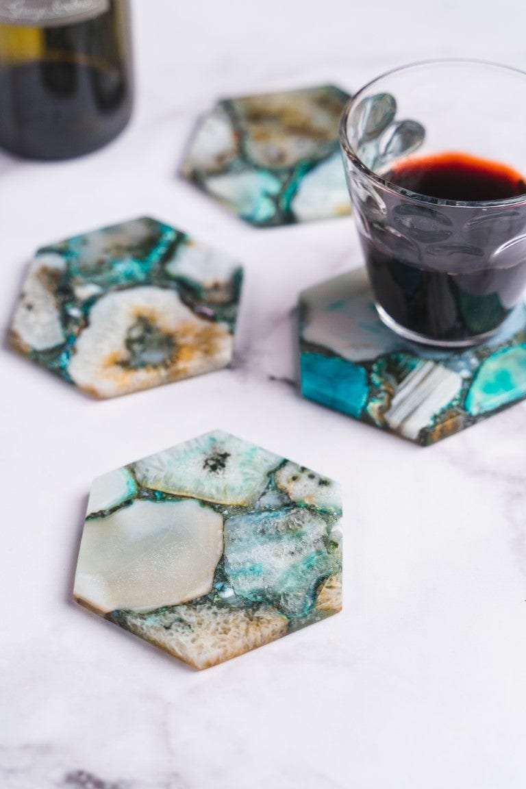 Green Agate Hexagon Coasters - Set of 4 Writings On The Wall Coasters