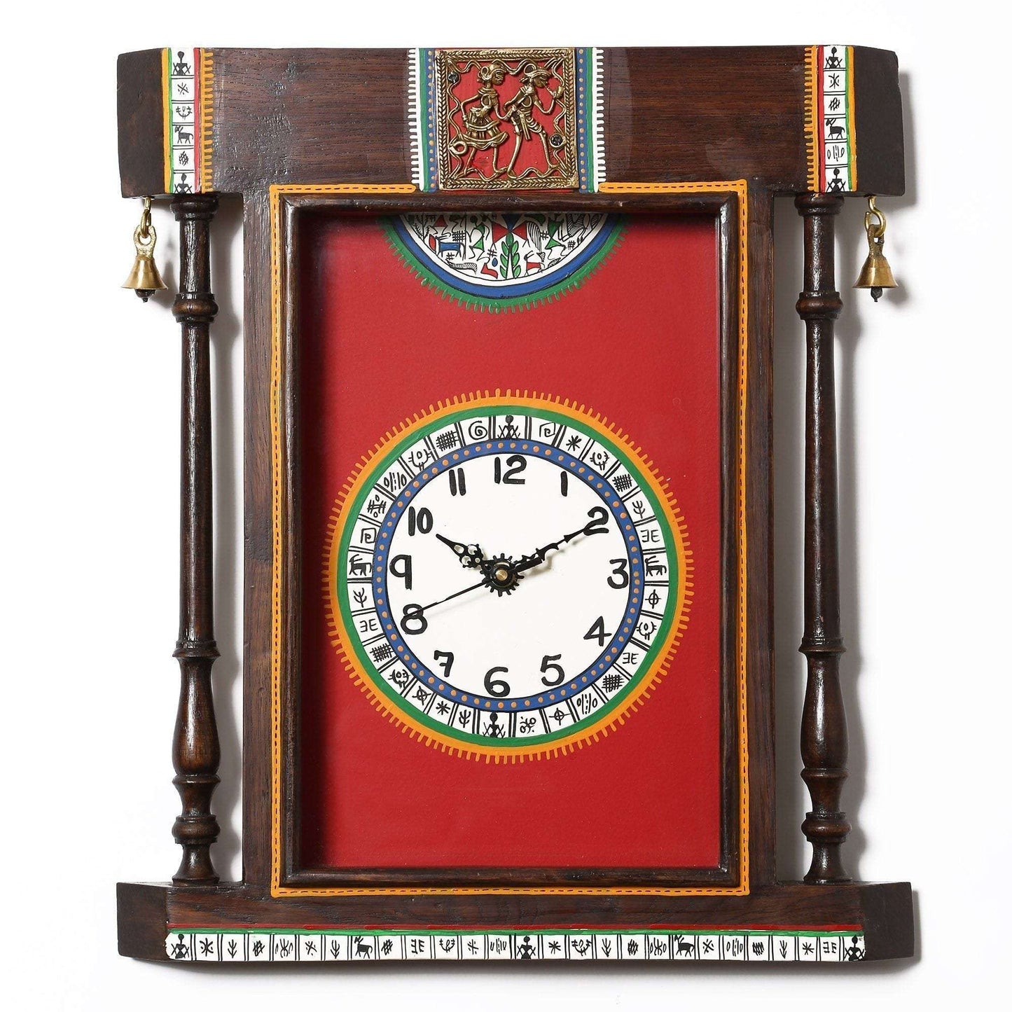Handcrafted Warli Red Wall Clock with Glass Frame Writings On The Wall clock