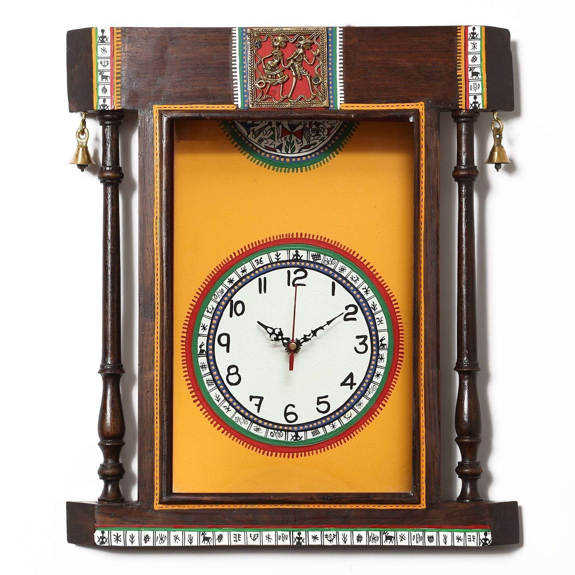 Handcrafted Warli Yellow Wall Clock with Glass Frame Writings On The Wall clock