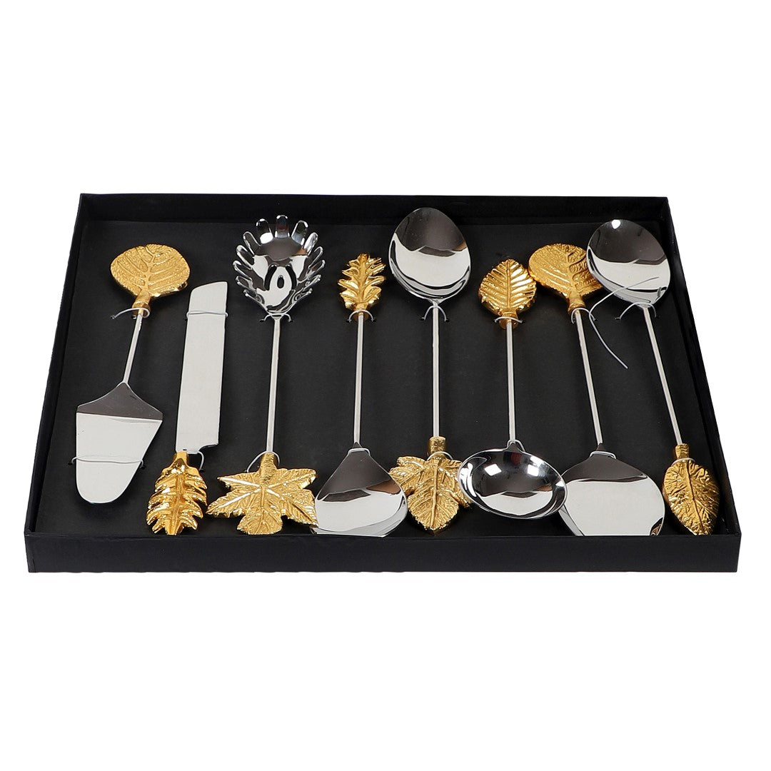 Stainless Steel Serving Spoons with Golden Leafing - Set of 8