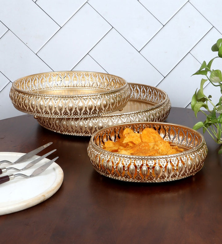 Intricate Golden Metal Tray - Set of 3