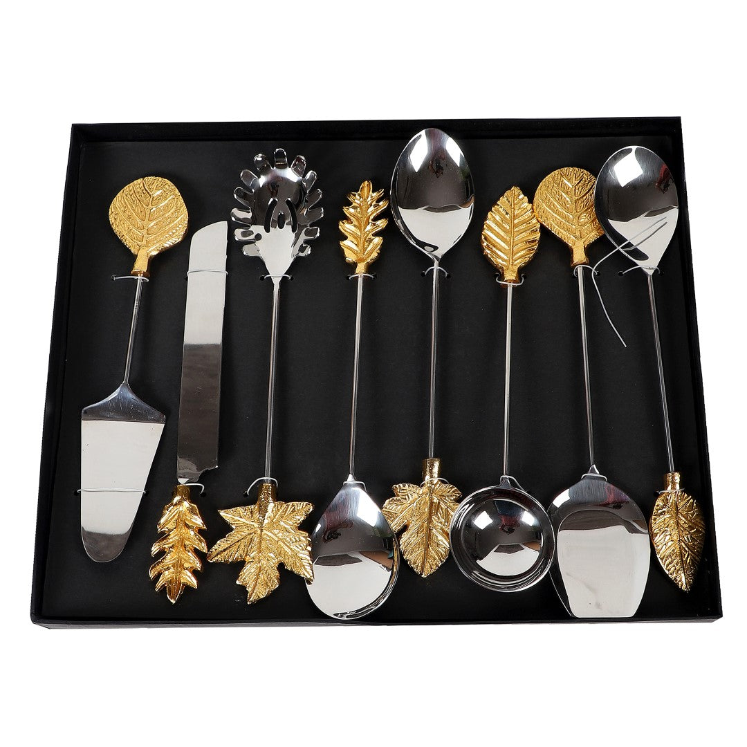 Stainless Steel Serving Spoons with Golden Leafing - Set of 8