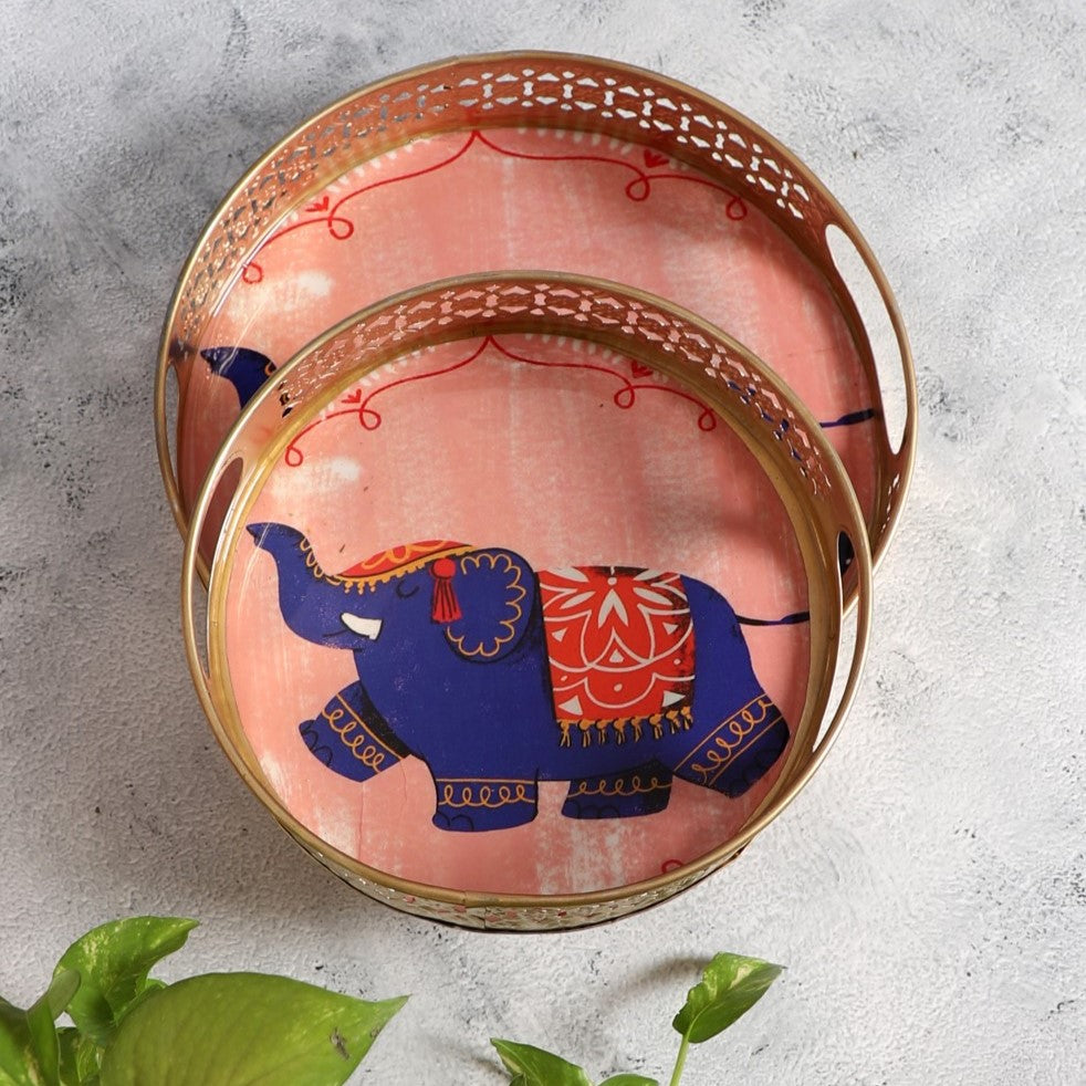 Pink Elephant Pichwai Metal Tray - Set of 2