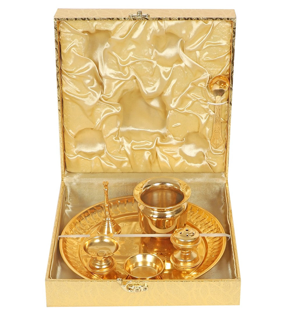 Gold Steel Pooja Thali With Gift Box