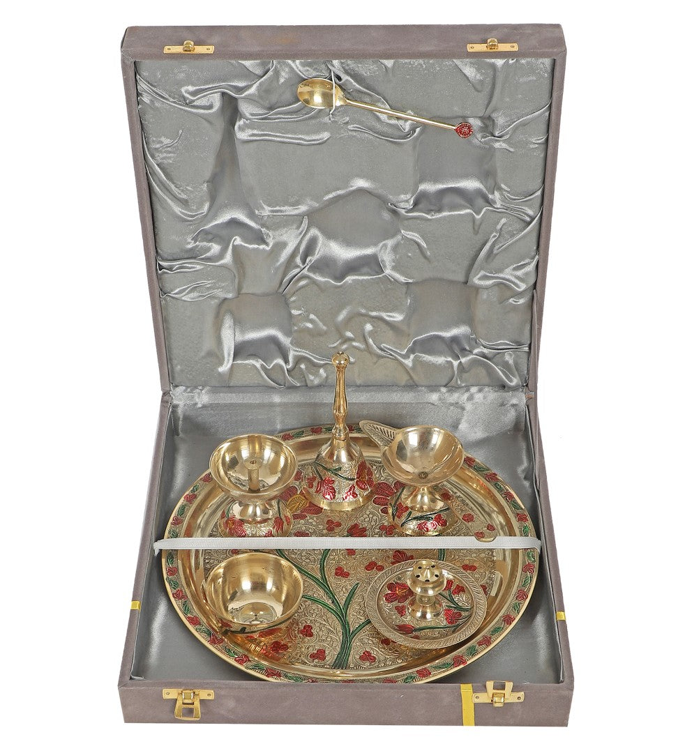 Premium Brass Meena Pooja Thali with Velvet Box