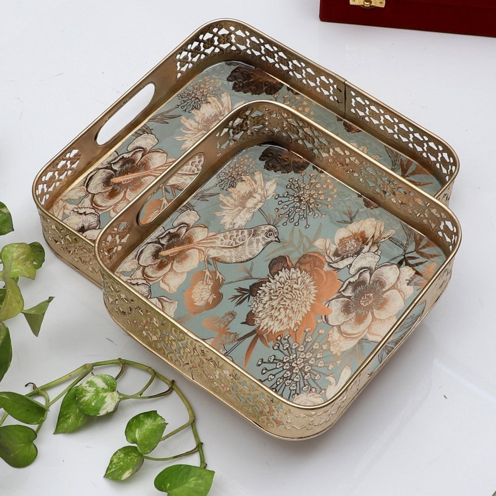 Bird & Flower Pattern Metal Tray - Set of 2