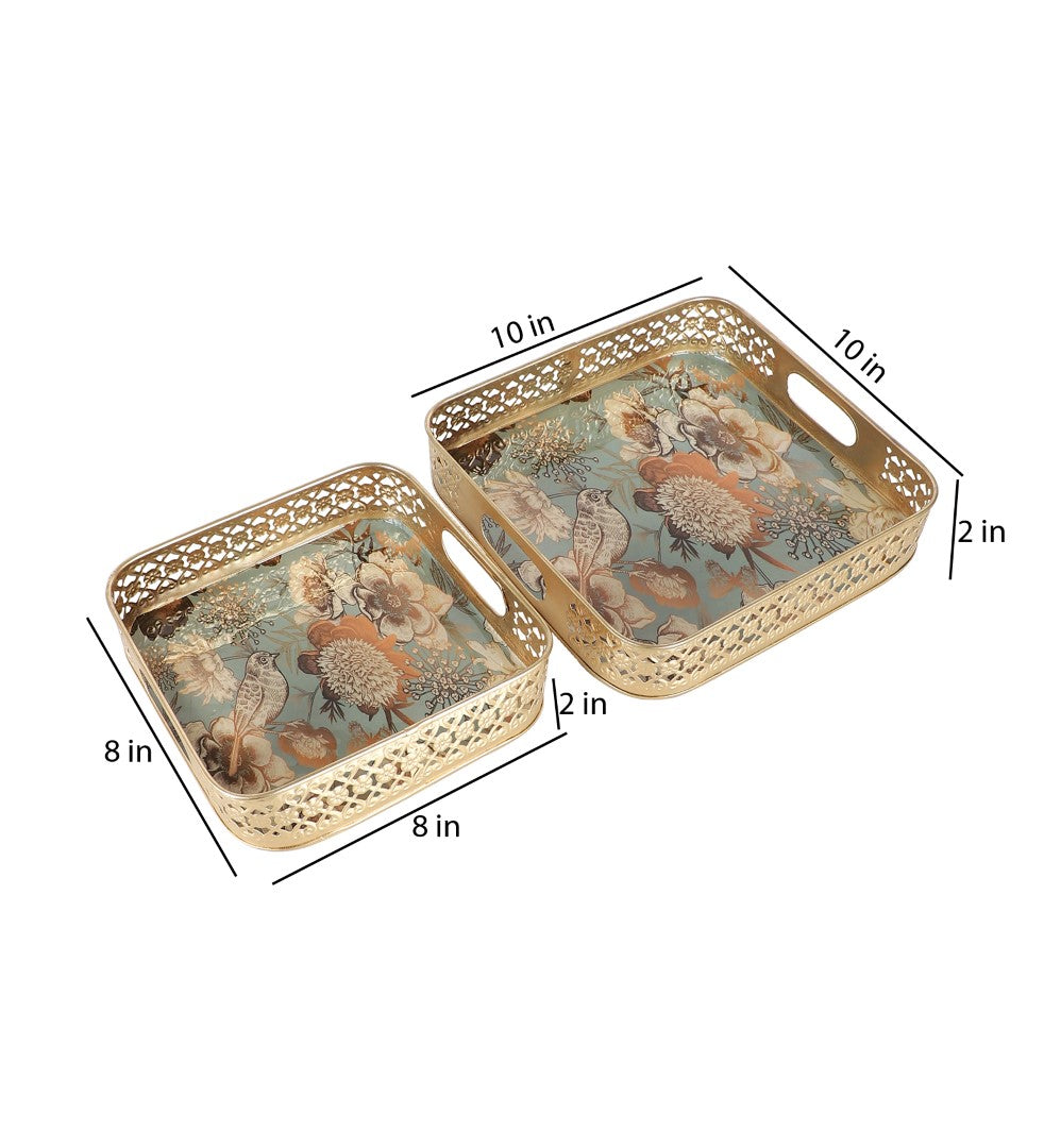 Bird & Flower Pattern Metal Tray - Set of 2