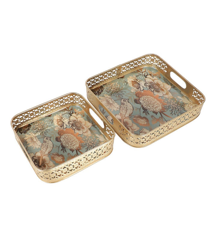 Bird & Flower Pattern Metal Tray - Set of 2