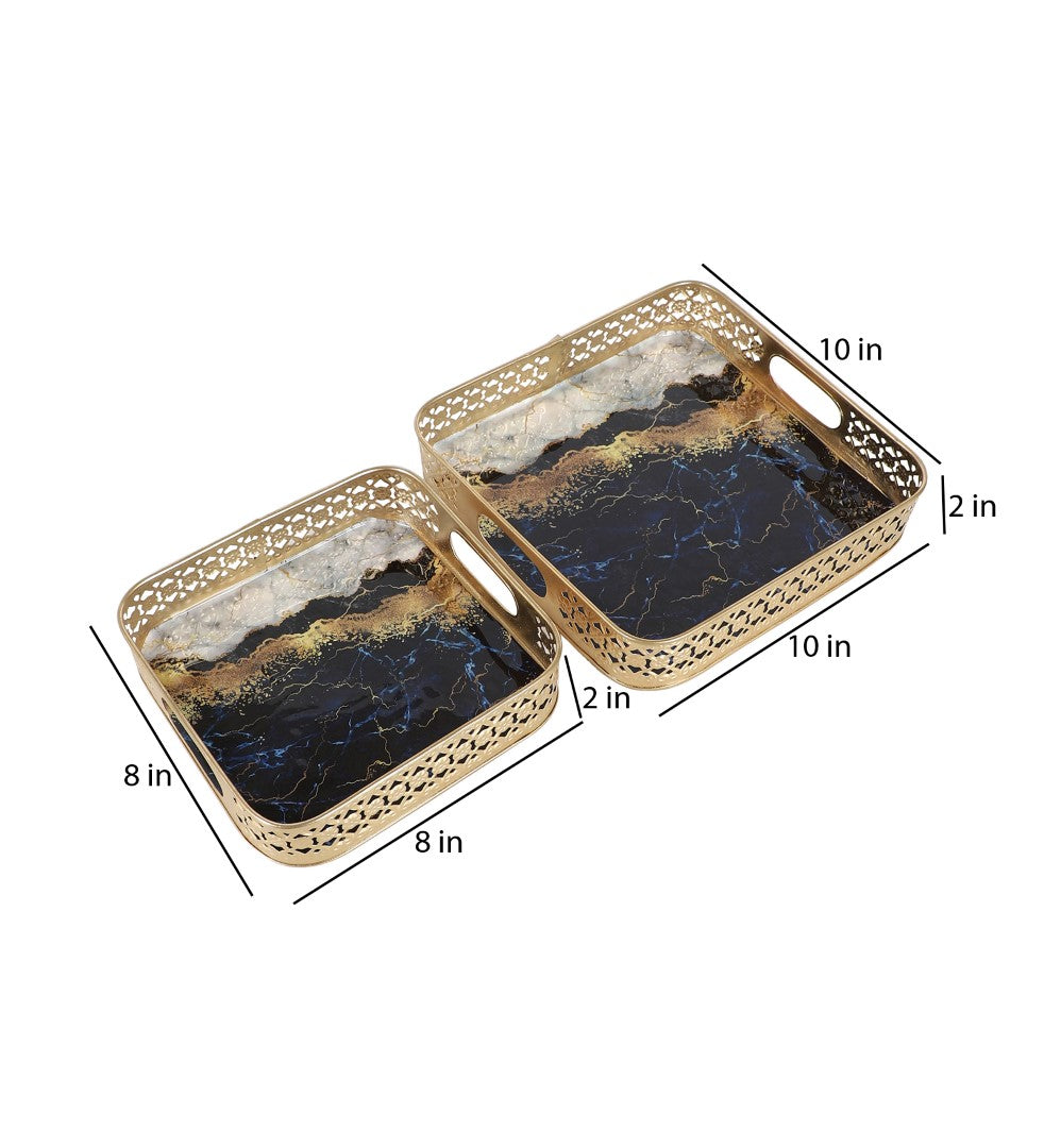 Blue Marble Pattern Metal Tray - Set of 2