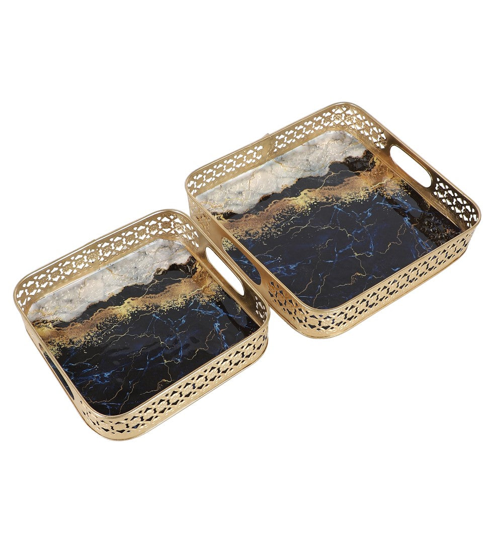 Blue Marble Pattern Metal Tray - Set of 2