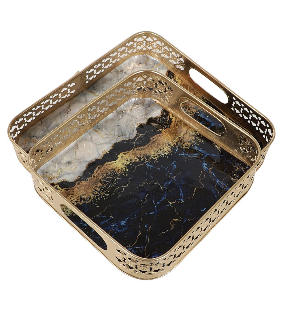 Blue Marble Pattern Metal Tray - Set of 2