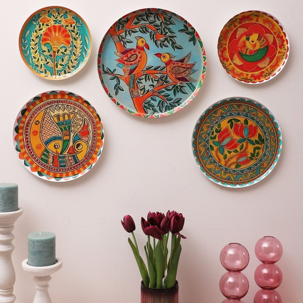 Fish and Birds Metal Wall Plates - Set of 5