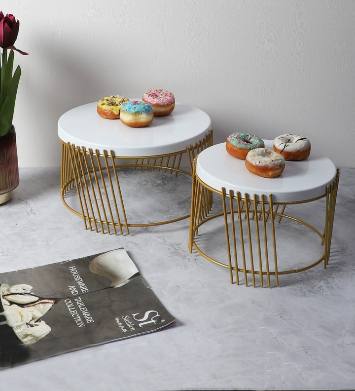 White & Gold Striped Metal Serving Stand - Set of 2