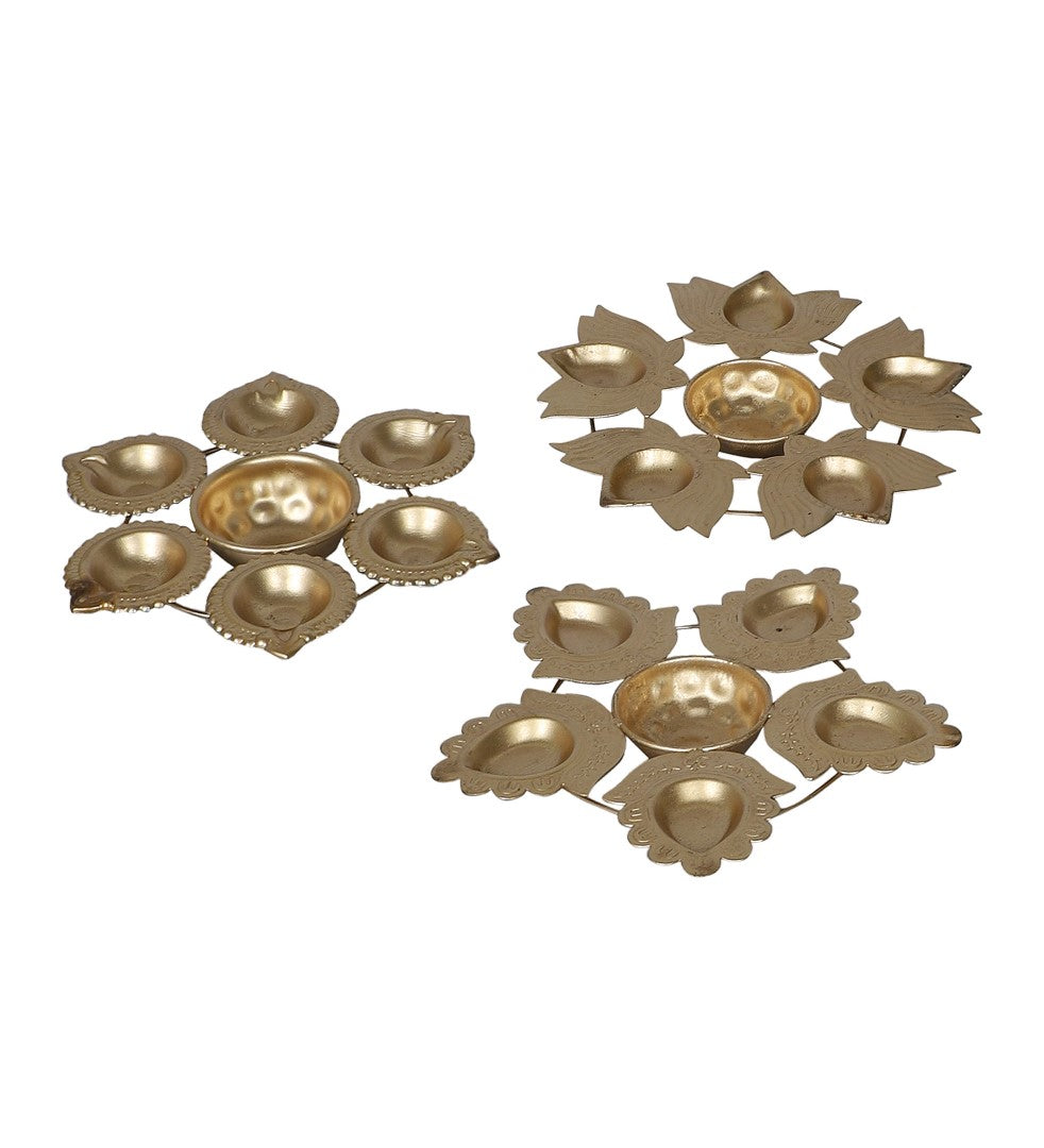 Metal Lotus & Flower Diya Urli - Set of 3