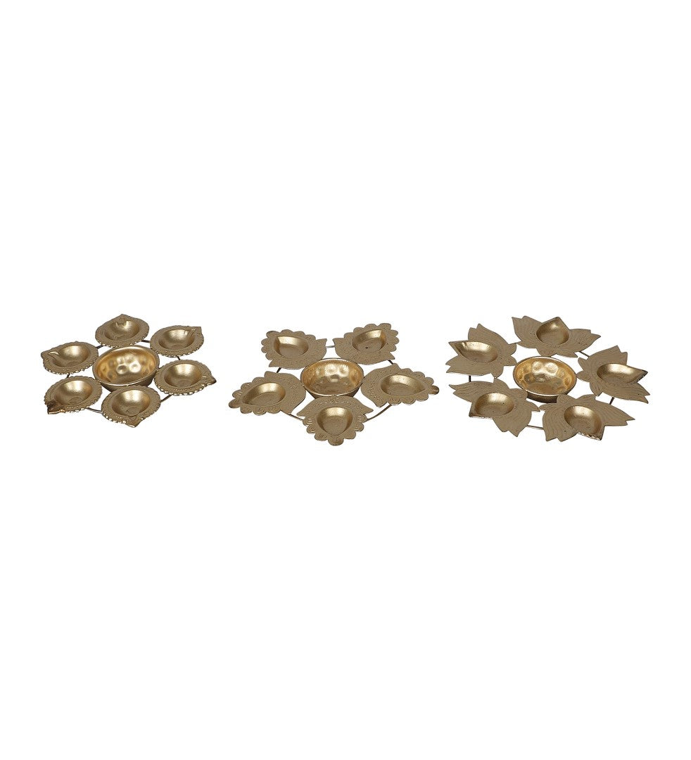 Metal Lotus & Flower Diya Urli - Set of 3