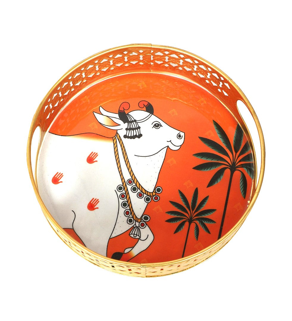 Cow Pattern Pichwai Metal Tray - Set of 2