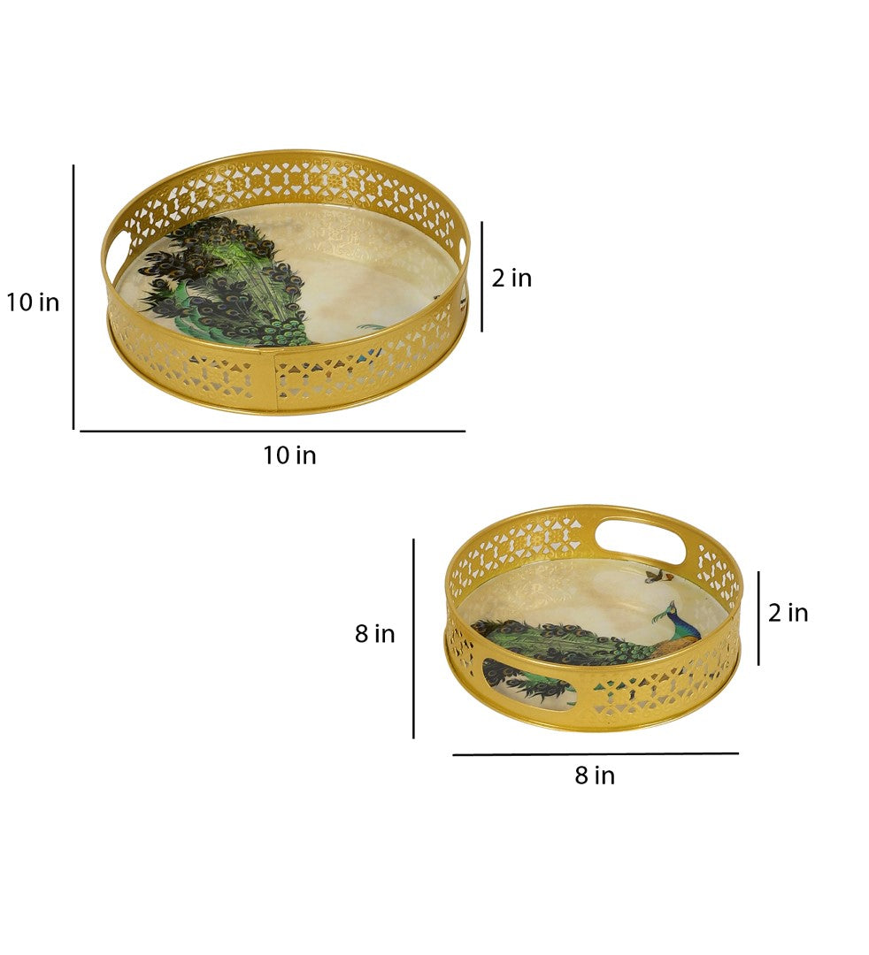 Green Peacock Design Metal Tray - Set of 2