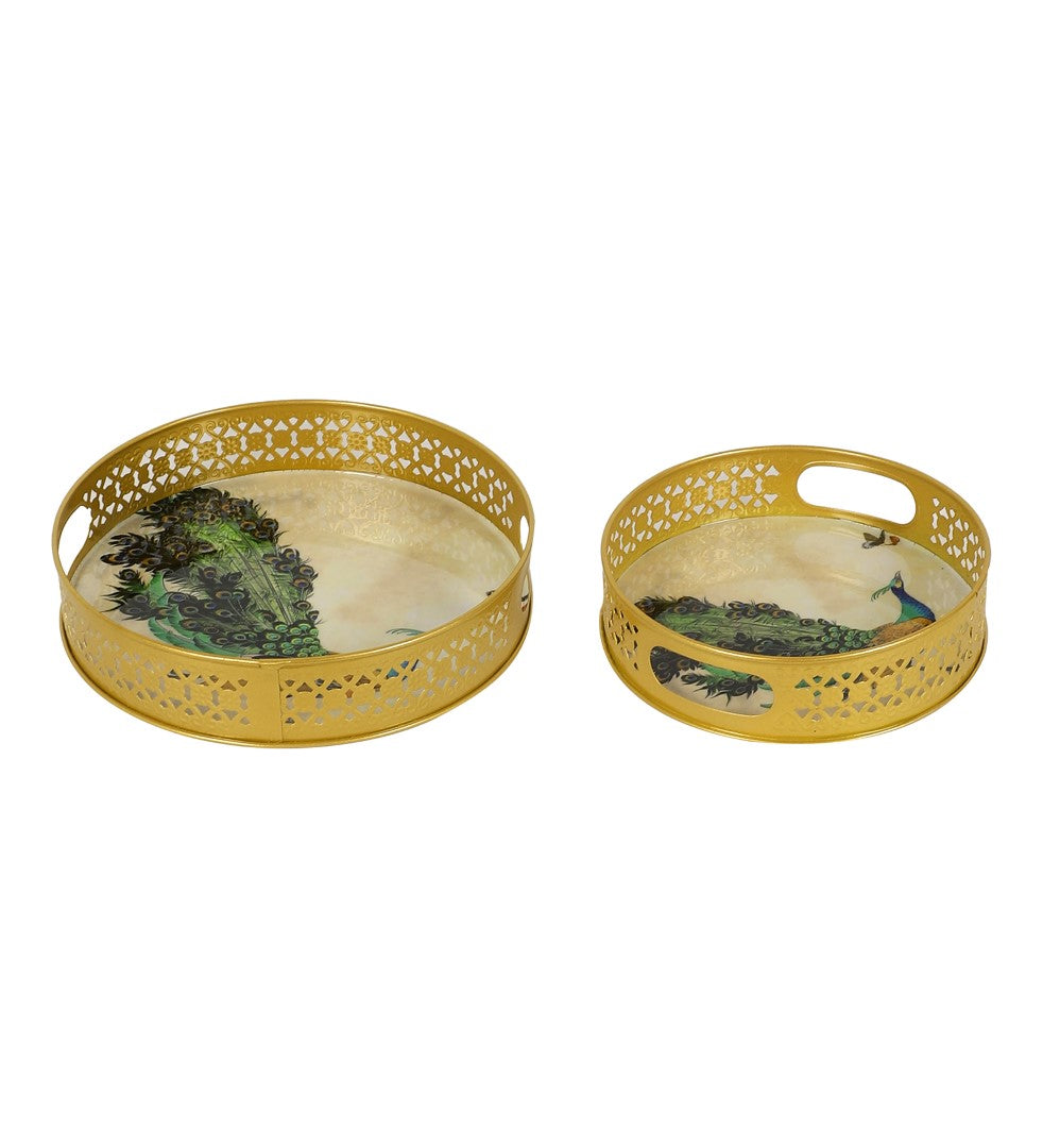 Green Peacock Design Metal Tray - Set of 2