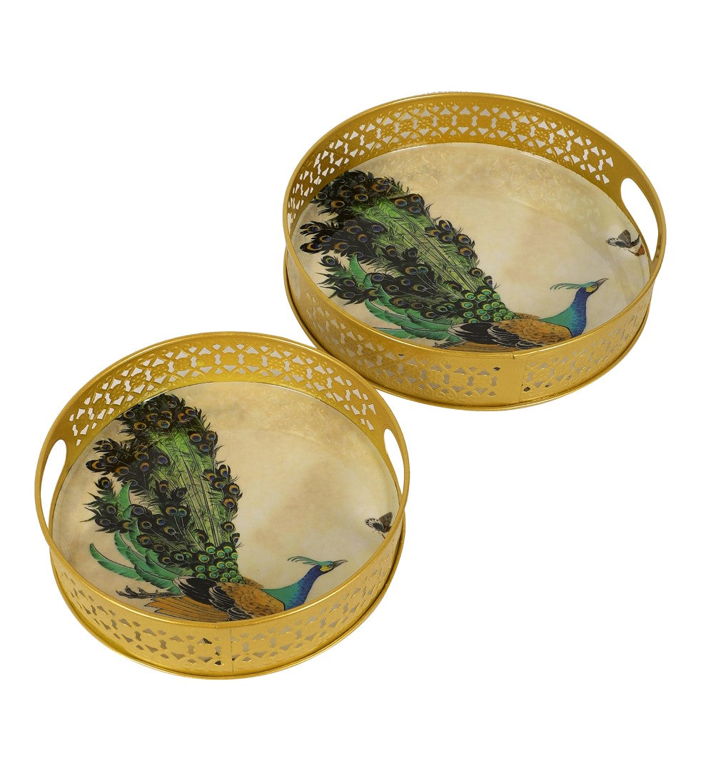 Green Peacock Design Metal Tray - Set of 2