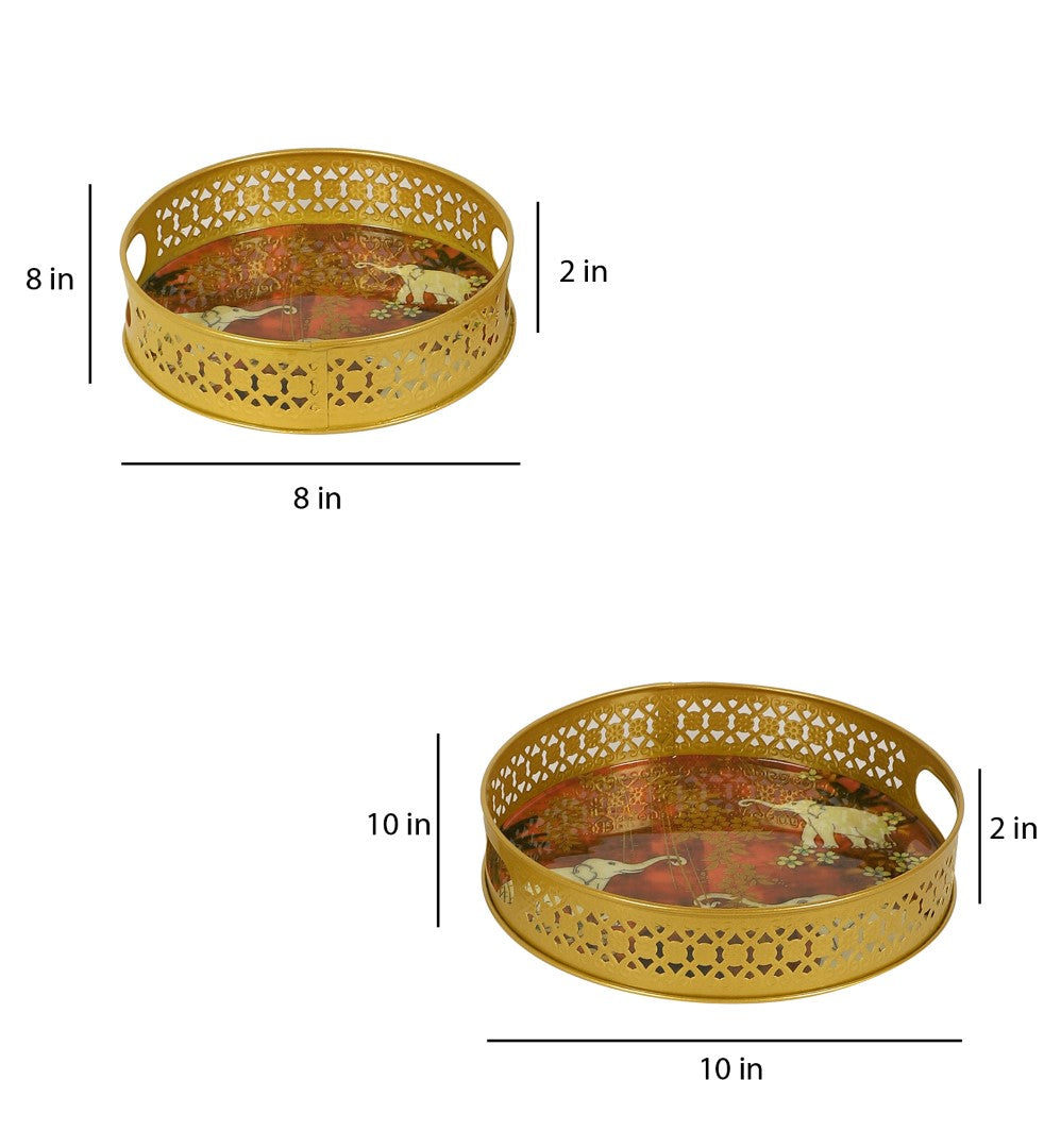 White Elephant Pattern Metal Tray - Set of 2