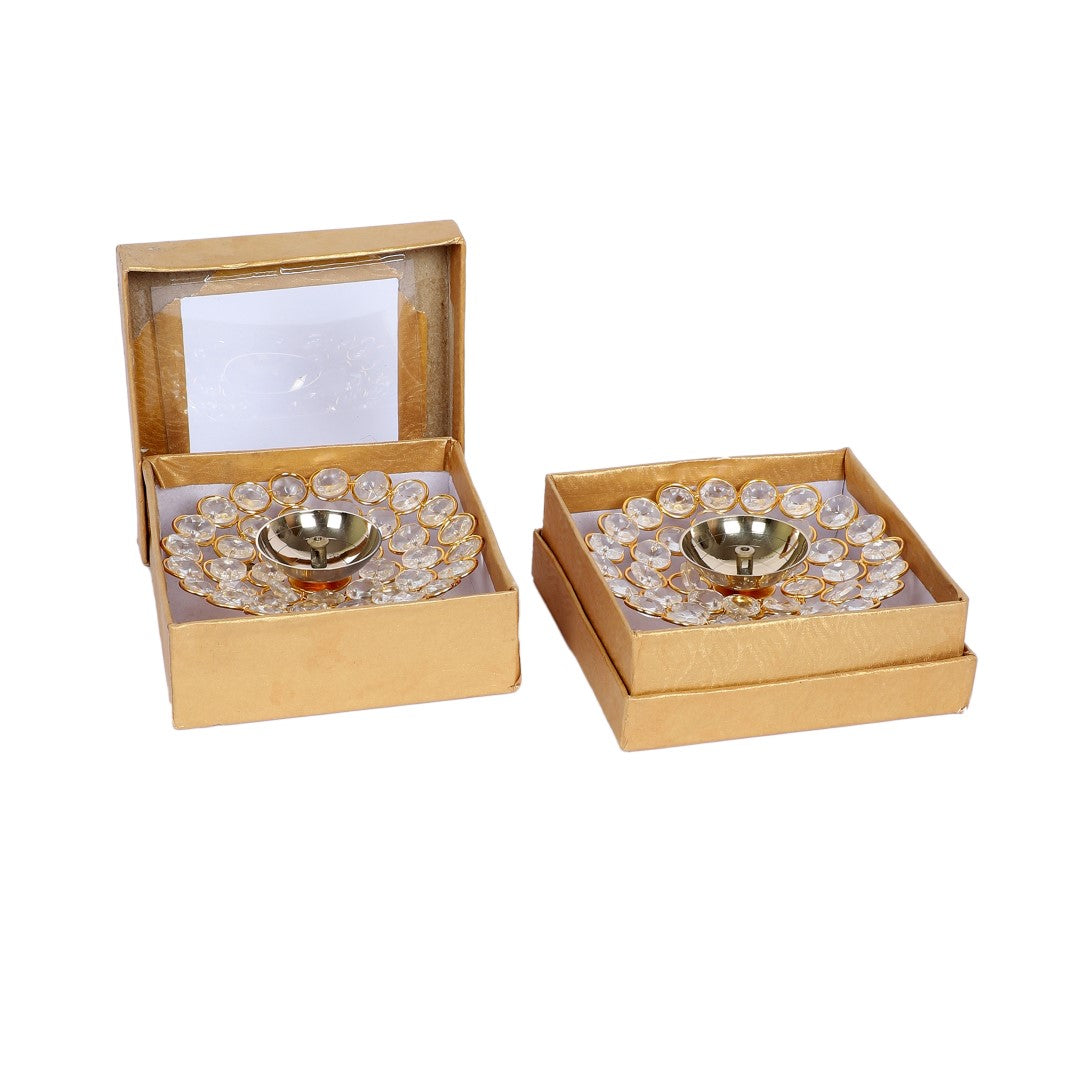 Crystal Brass Diya in a Gift Box - Set of 2