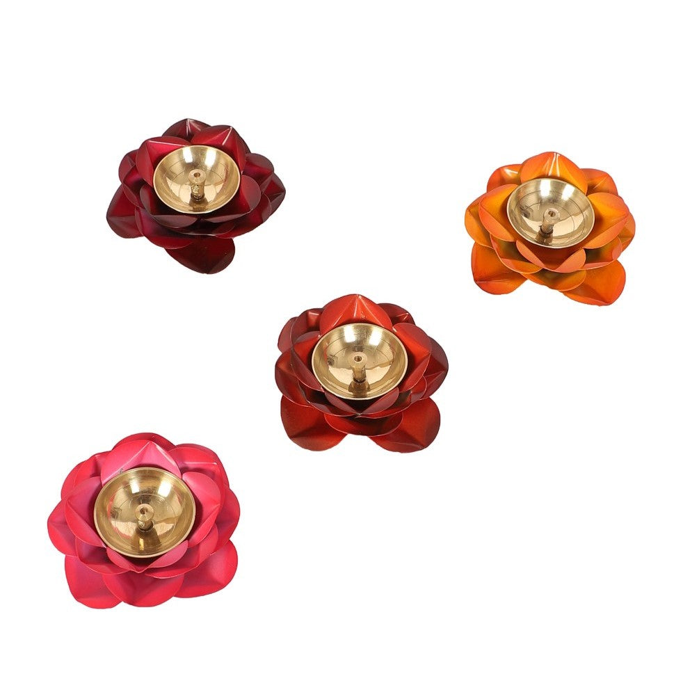 Multicolored Rose Brass Diya - Set of 4