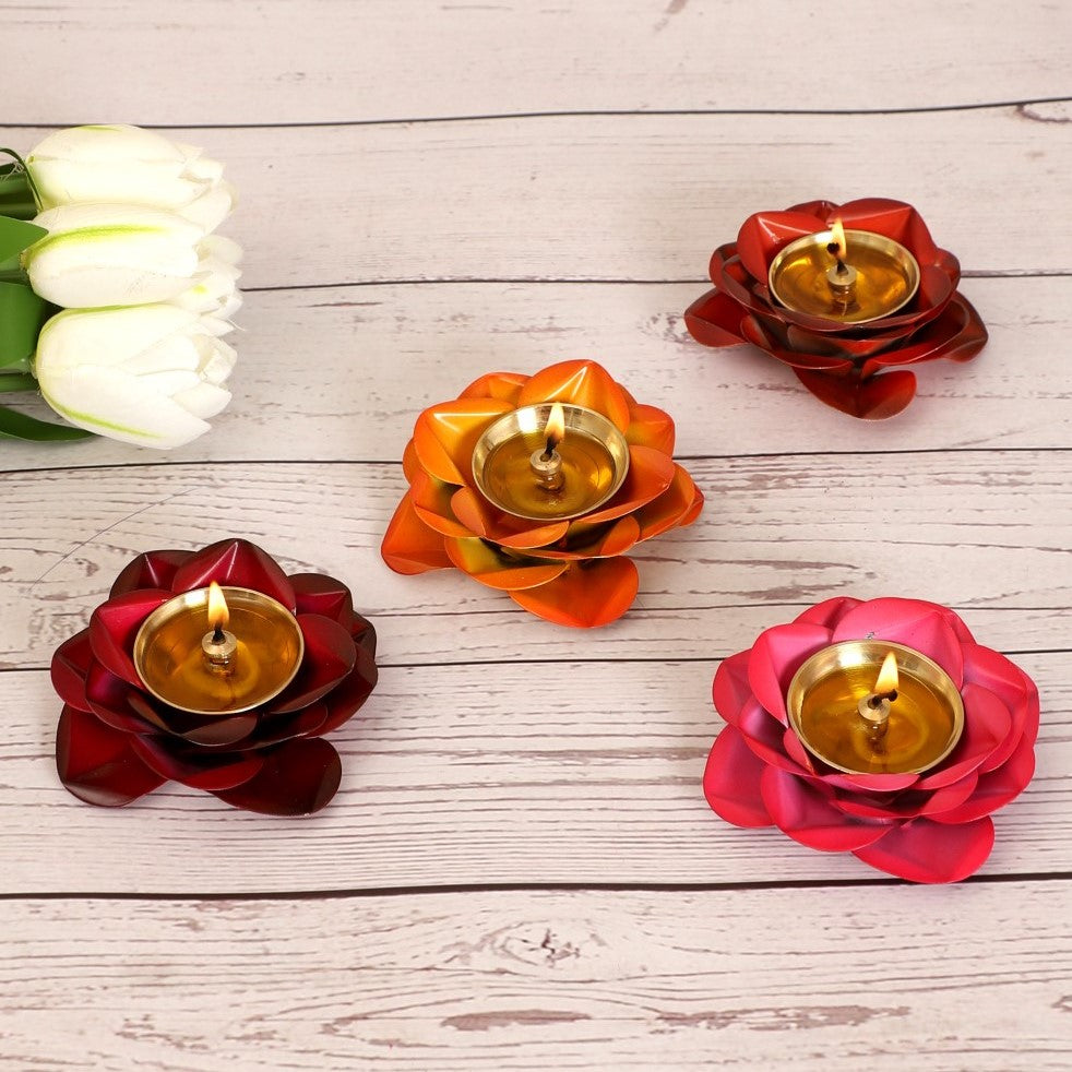 Multicolored Rose Brass Diya - Set of 4