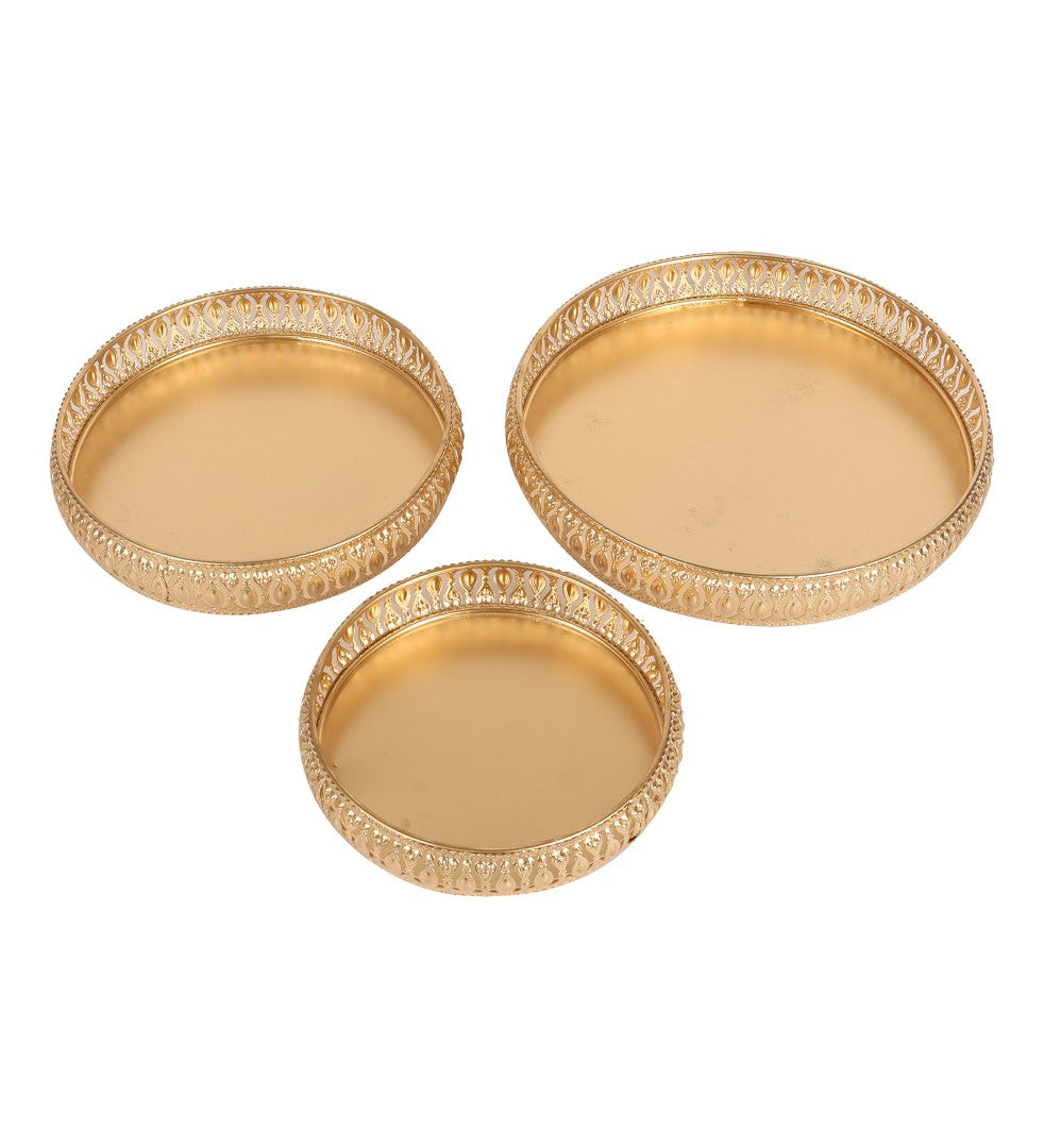 Intricate Golden Metal Tray - Set of 3