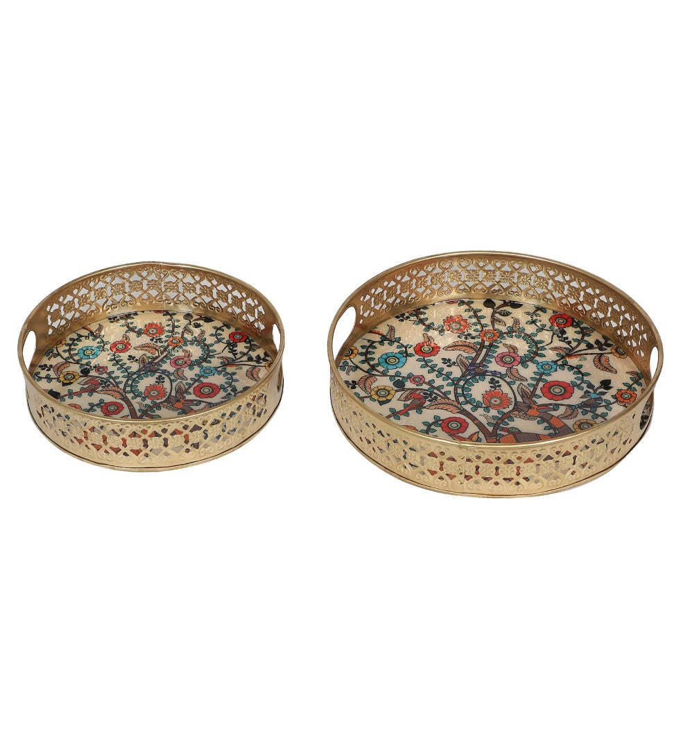 Tree Pattern Pichwai Metal Tray - Set of 2