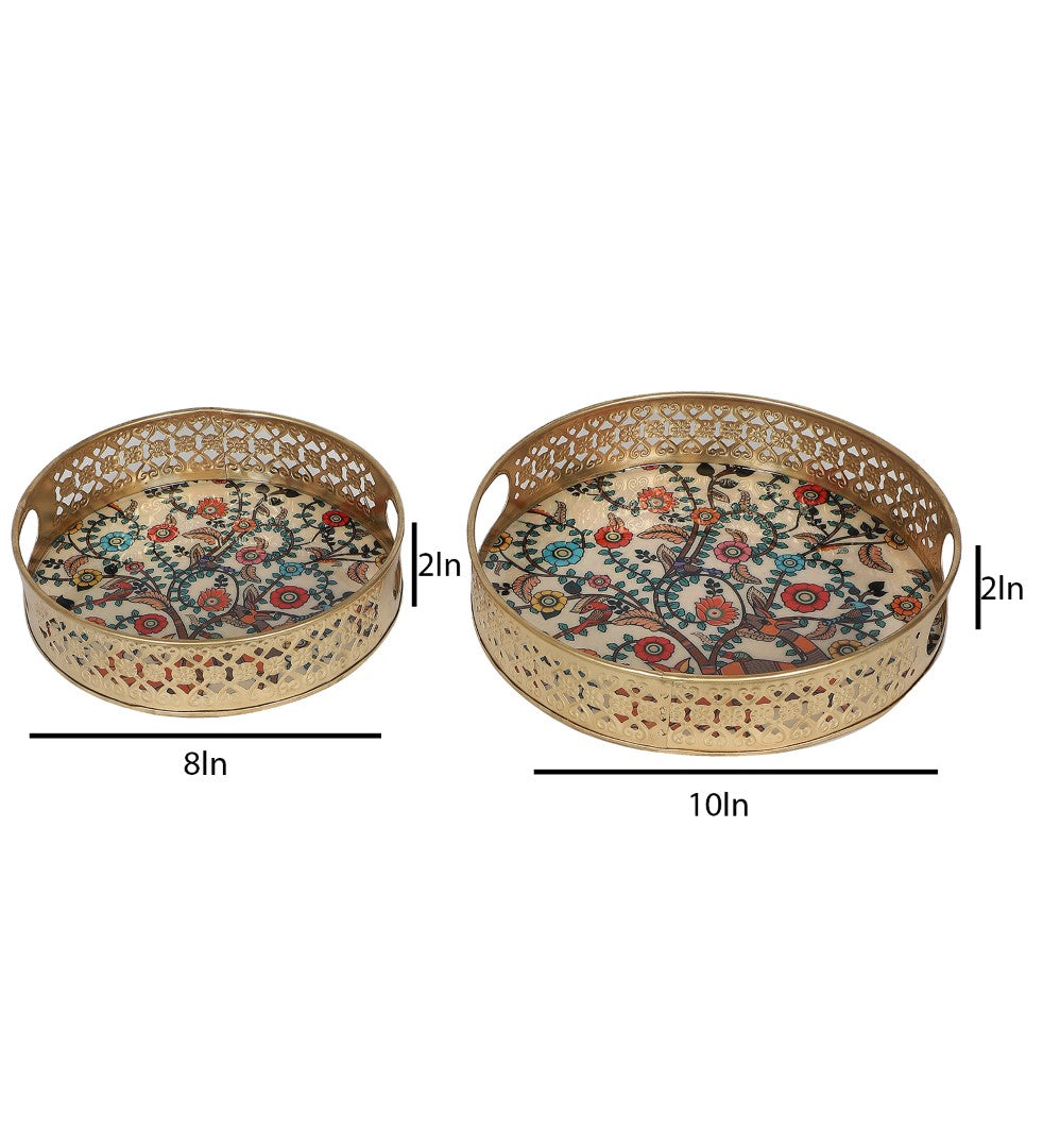 Tree Pattern Pichwai Metal Tray - Set of 2