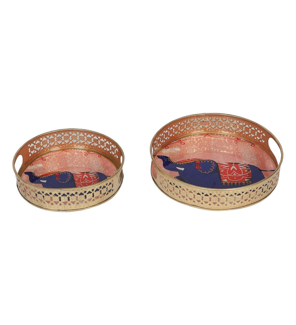 Pink Elephant Pichwai Metal Tray - Set of 2