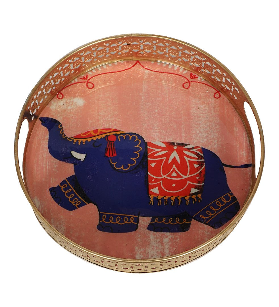 Pink Elephant Pichwai Metal Tray - Set of 2