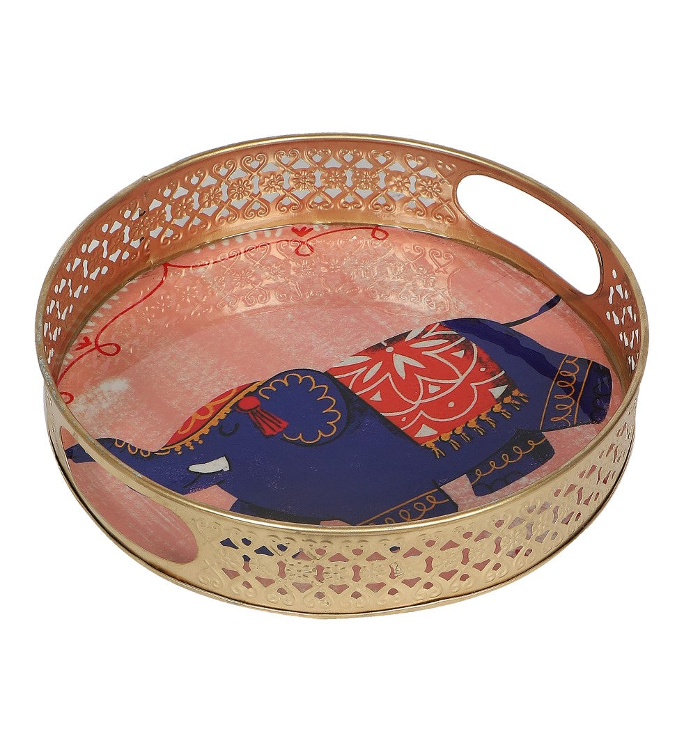 Pink Elephant Pichwai Metal Tray - Set of 2