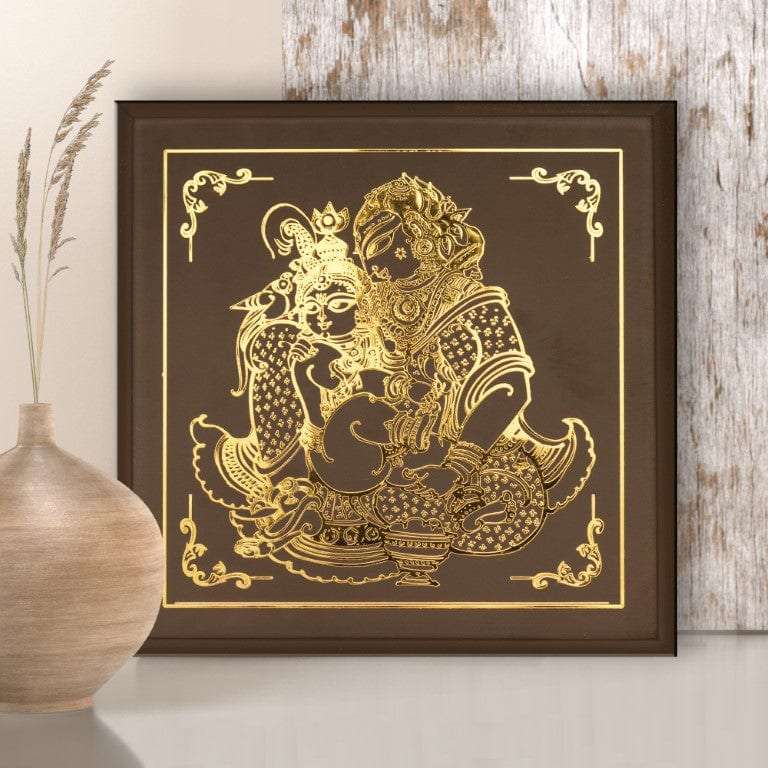 Krishna Yashoda with Golden Metal Outlines Wall Hanging Writings On The Wall Wall Hanging