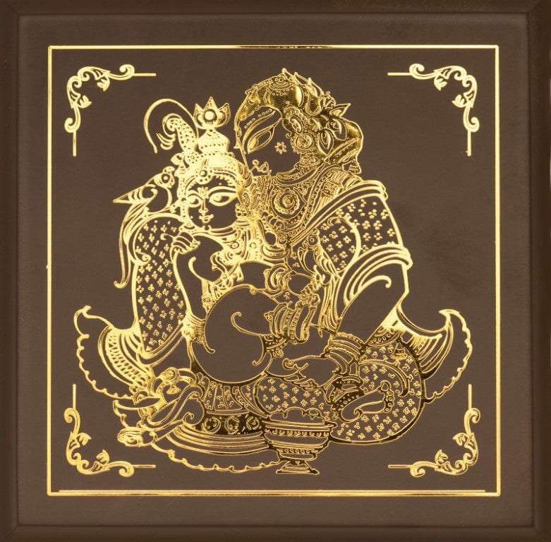 Krishna Yashoda with Golden Metal Outlines Wall Hanging Writings On The Wall Wall Hanging