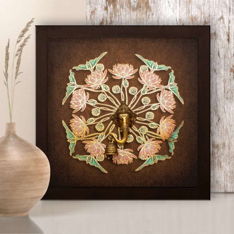 Lilies with Golden Metal Outlines and Brass Ganesha Idol Wall Hanging Writings On The Wall Wall Hanging