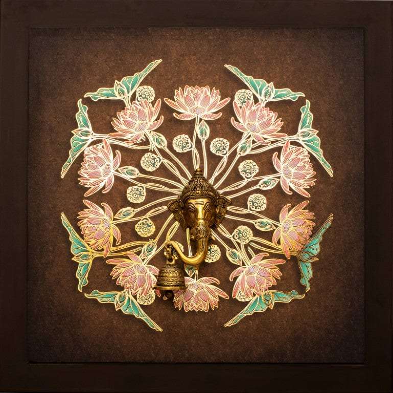 Lilies with Golden Metal Outlines and Brass Ganesha Idol Wall Hanging Writings On The Wall Wall Hanging