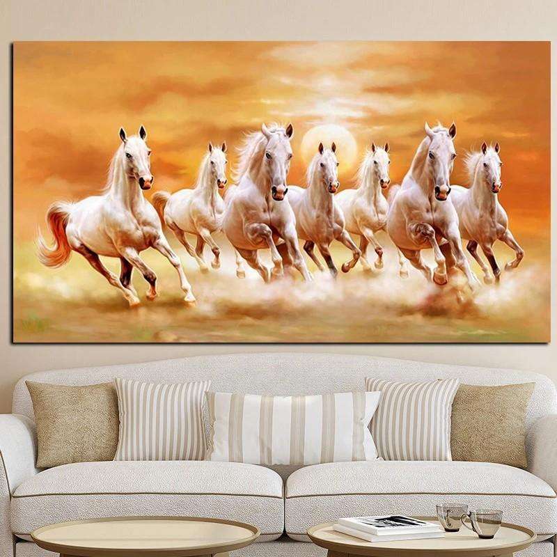 Seven Lucky White Horses Painting Writings On The Wall Canvas Print