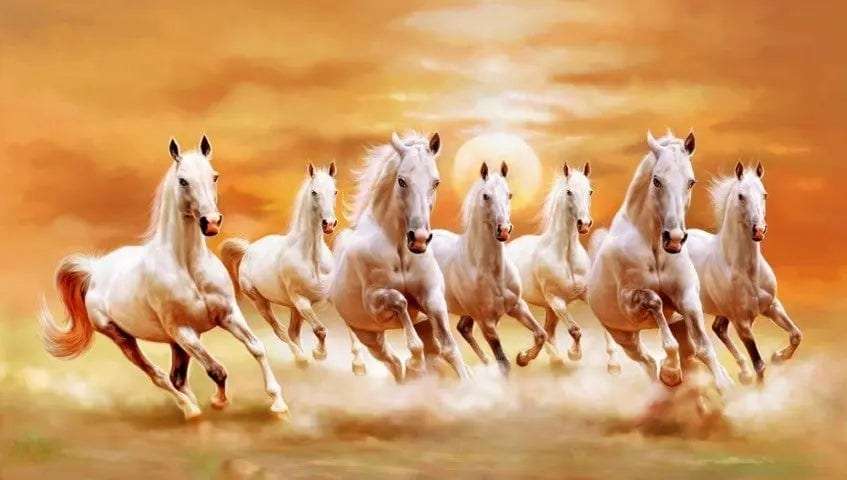Seven Lucky White Horses Painting Writings On The Wall Canvas Print